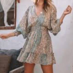 Lovestitch Teal and Beige Long Sleeve Dress